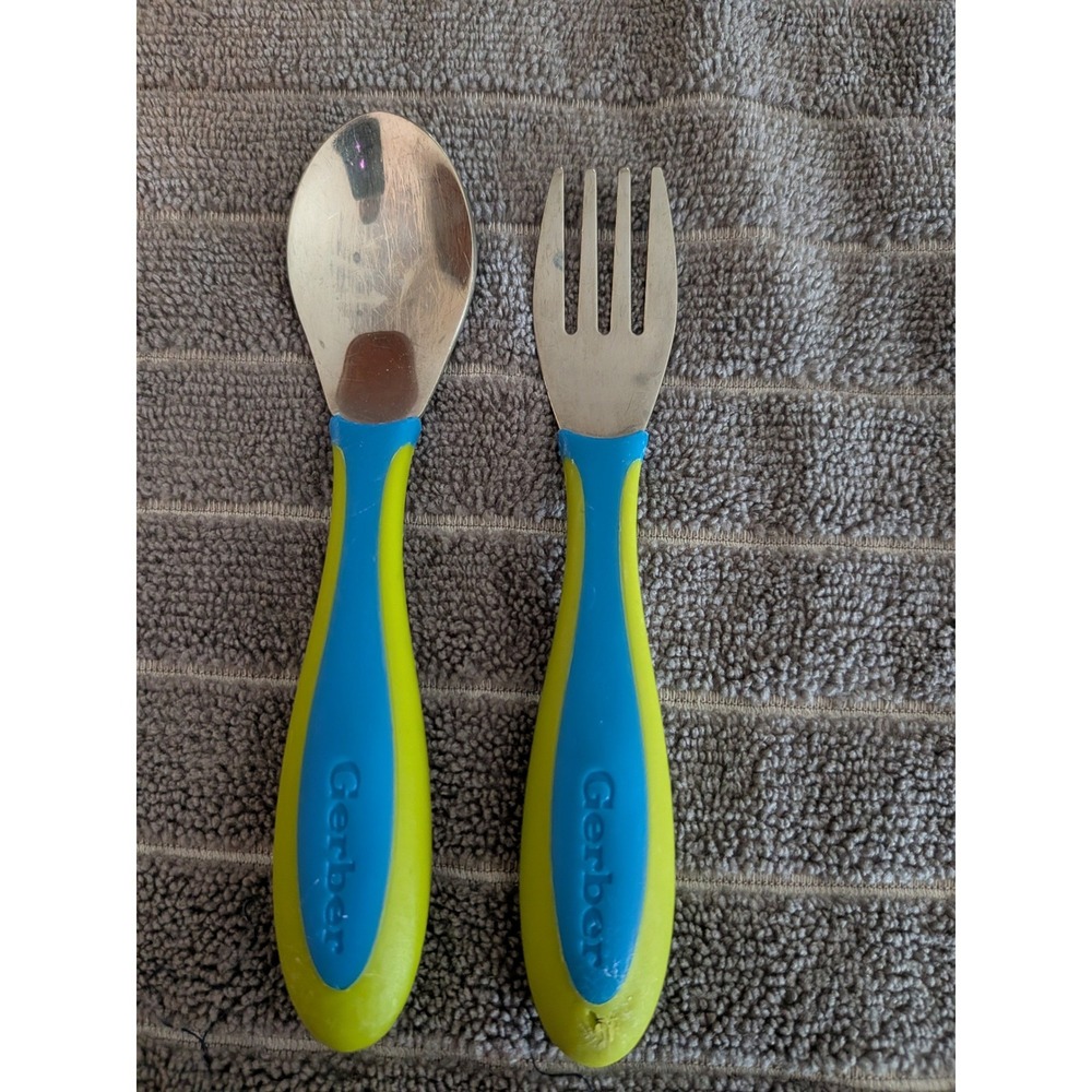 Gerber Graduates Kiddy Cutlery Toddler Spoon Fork Set Blue Lime Green Stainless